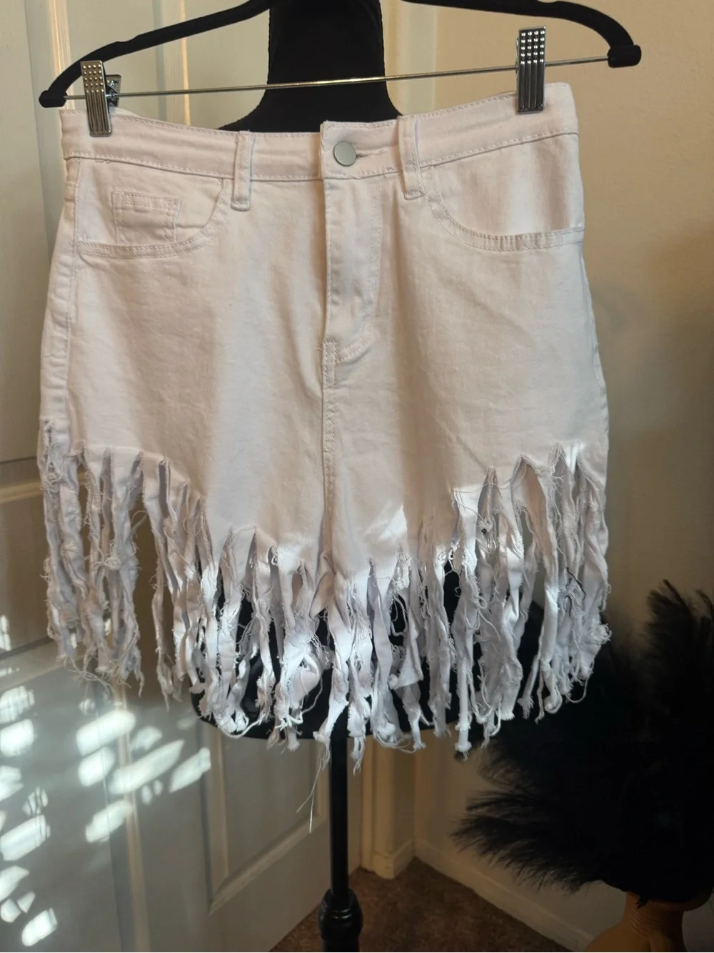 White Fringe Denim Skirt